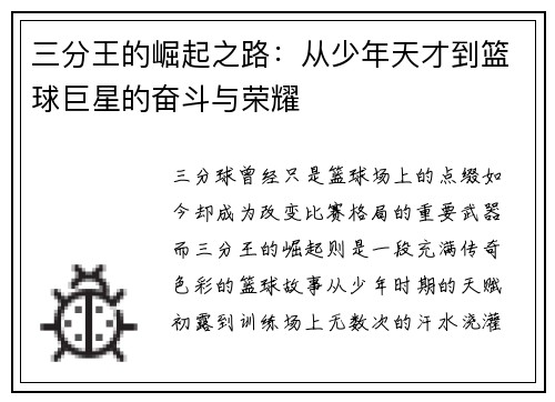 三分王的崛起之路：从少年天才到篮球巨星的奋斗与荣耀
