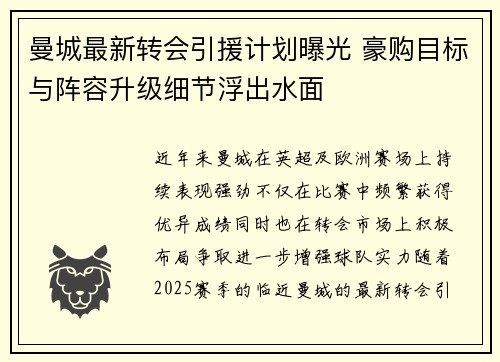 曼城最新转会引援计划曝光 豪购目标与阵容升级细节浮出水面