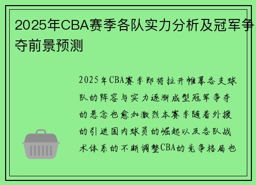 2025年CBA赛季各队实力分析及冠军争夺前景预测